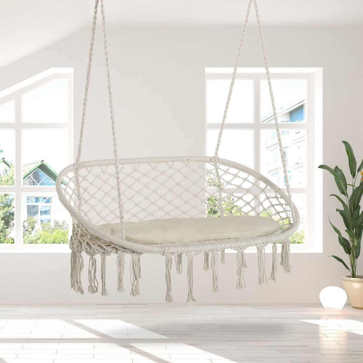 Outsunny Outdoor Hanging Hammock Porch Swing Chair with Cotton Rope Netting, Steel Frame, & Built-In Armrests