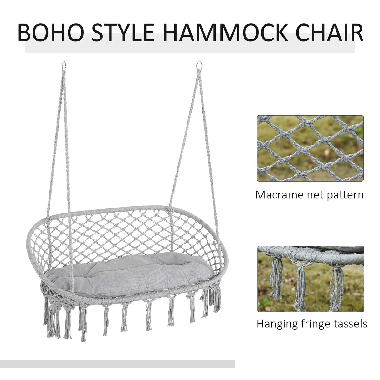 Outsunny Outdoor Hanging Hammock Porch Swing Chair with Cotton Rope Netting, Steel Frame, & Built-In Armrests