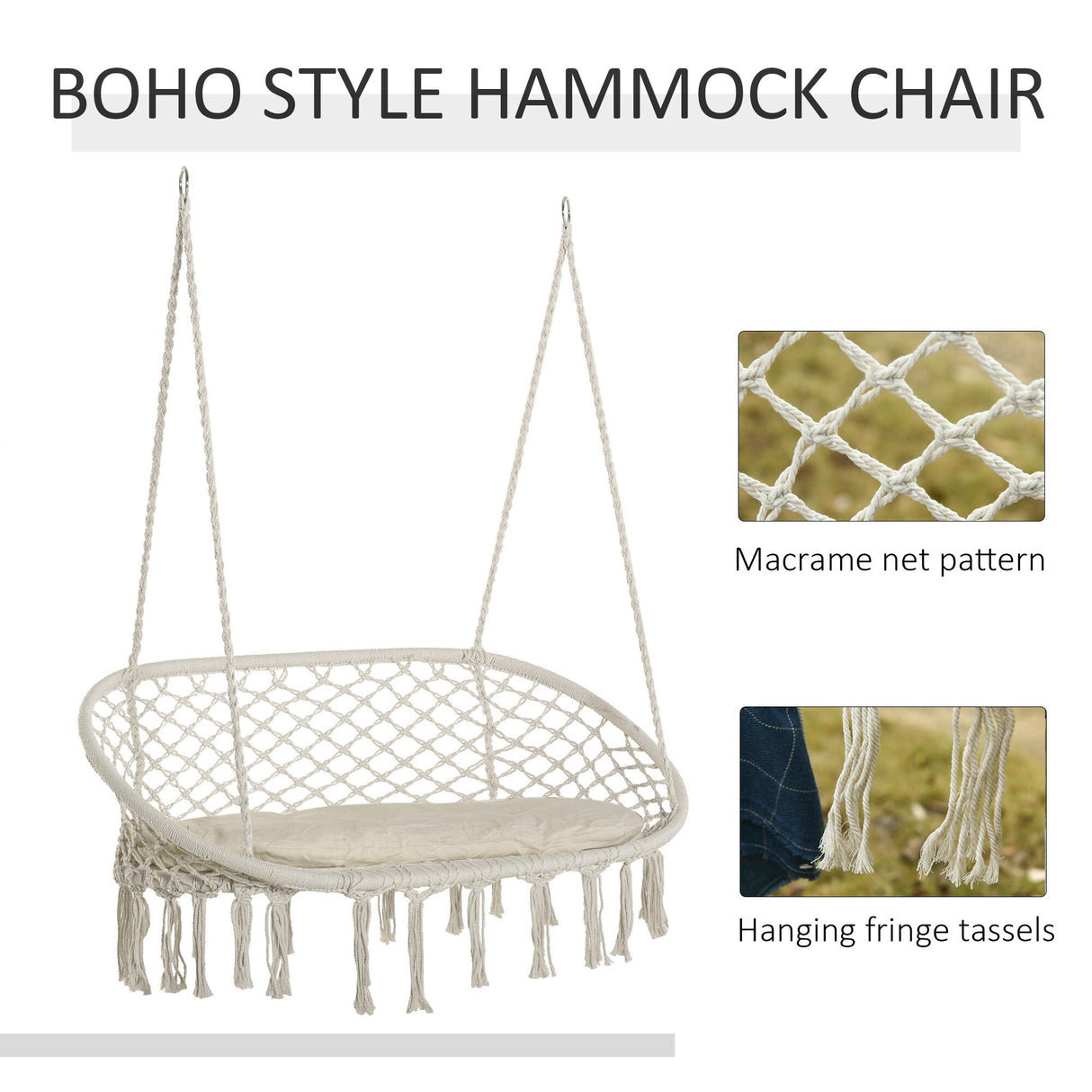 Outsunny Outdoor Hanging Hammock Porch Swing Chair with Cotton Rope Netting, Steel Frame, & Built-In Armrests
