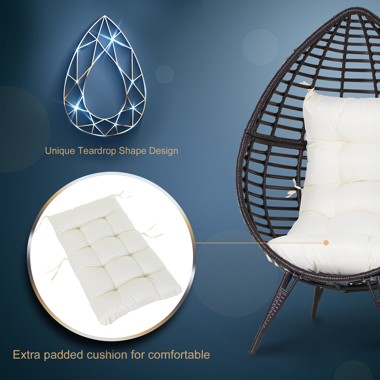 Outsunny Patio Wicker Egg Chair w/ Soft Cushion, Teardrop Cuddle Seat, Outdoor / Indoor Patio Chair