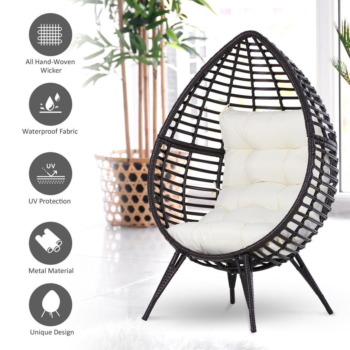 Outsunny Patio Wicker Egg Chair w/ Soft Cushion, Teardrop Cuddle Seat, Outdoor / Indoor Patio Chair