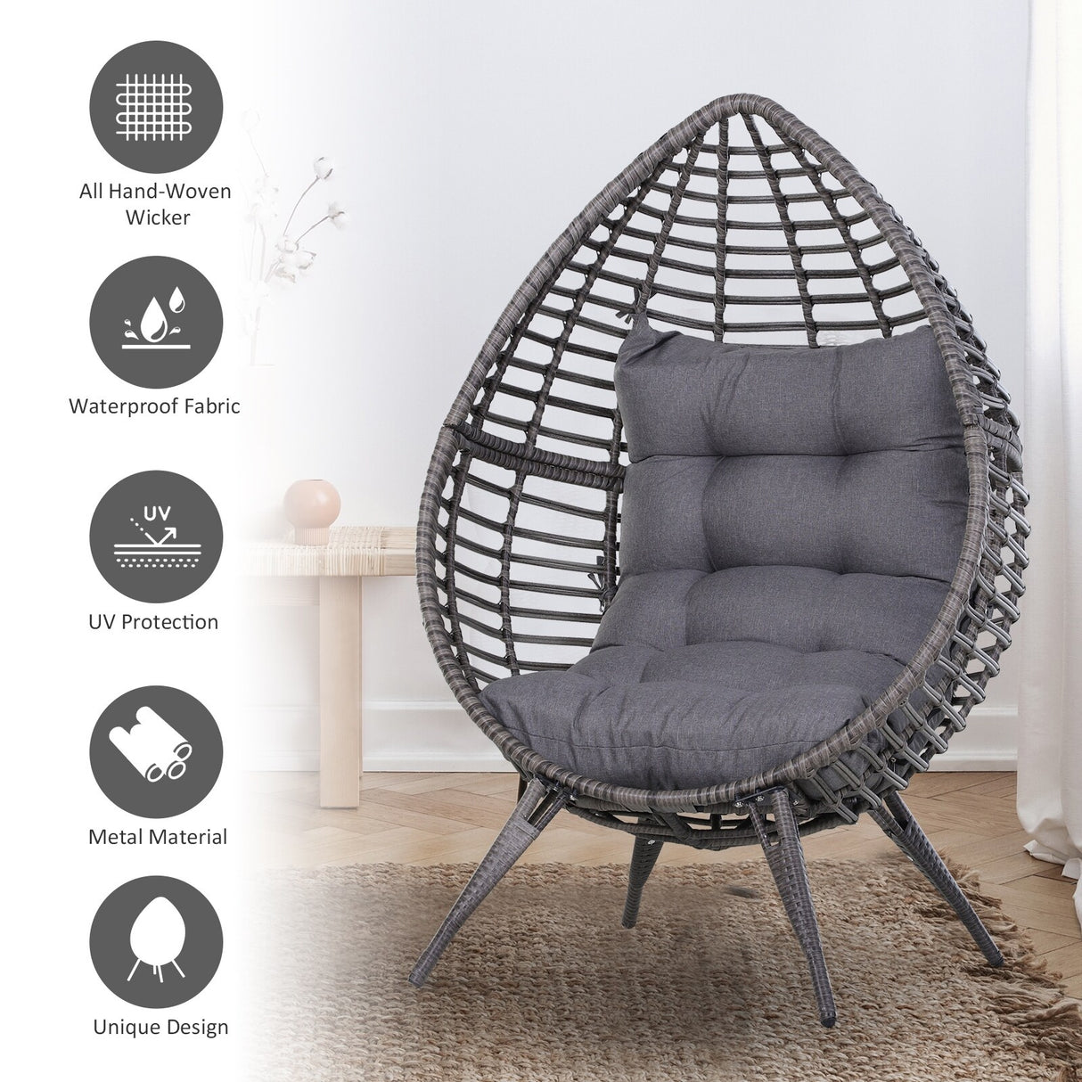 Outsunny Patio Wicker Egg Chair w/ Soft Cushion, Teardrop Cuddle Seat, Outdoor / Indoor Patio Chair