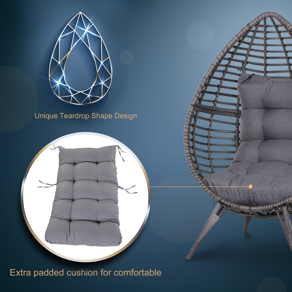Outsunny Patio Wicker Egg Chair w/ Soft Cushion, Teardrop Cuddle Seat, Outdoor / Indoor Patio Chair