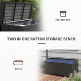 Outsunny Outdoor Wicker Storage Bench Deck Box, PE Rattan Patio Furniture Pool Storage Bin Container