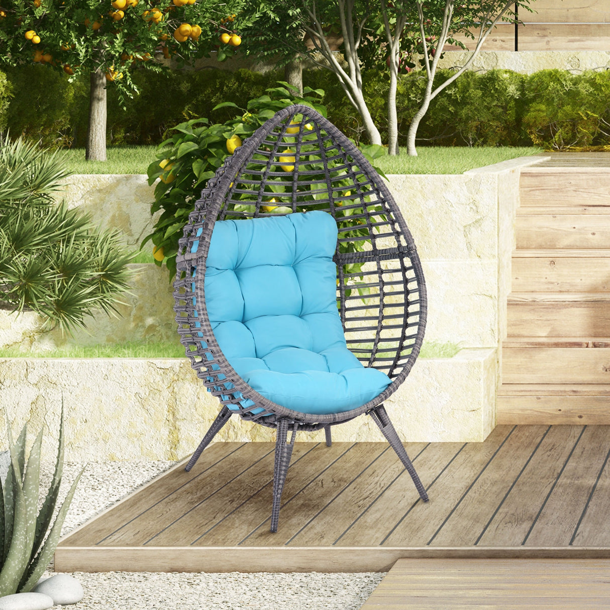 Outsunny Patio Wicker Egg Chair w/ Soft Cushion, Teardrop Cuddle Seat, Outdoor / Indoor Patio Chair