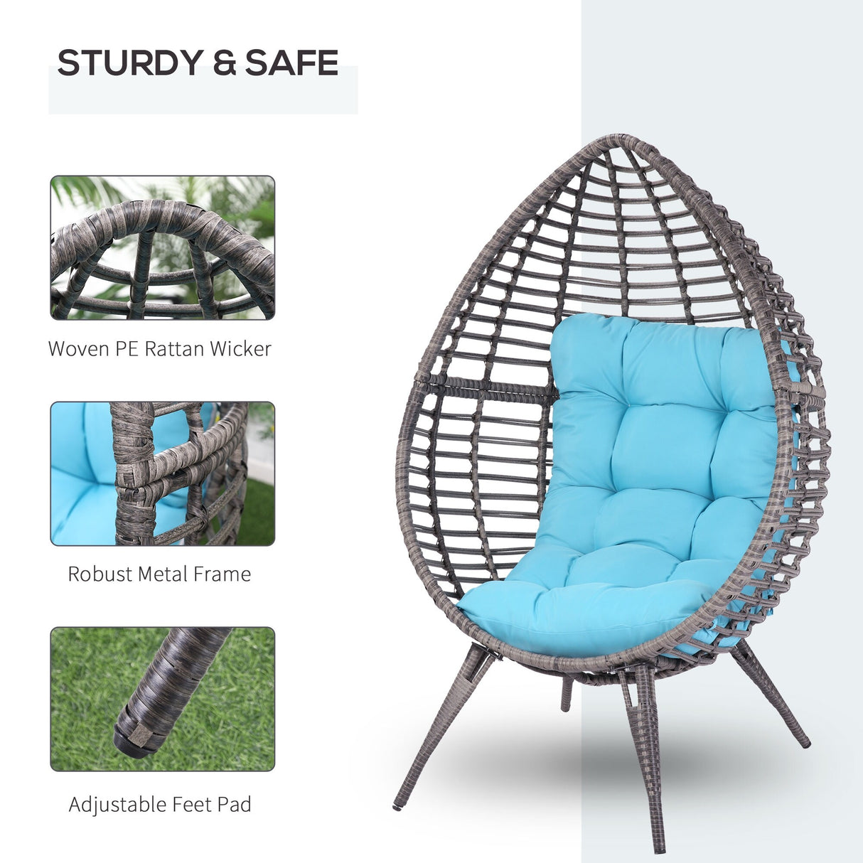 Outsunny Patio Wicker Egg Chair w/ Soft Cushion, Teardrop Cuddle Seat, Outdoor / Indoor Patio Chair
