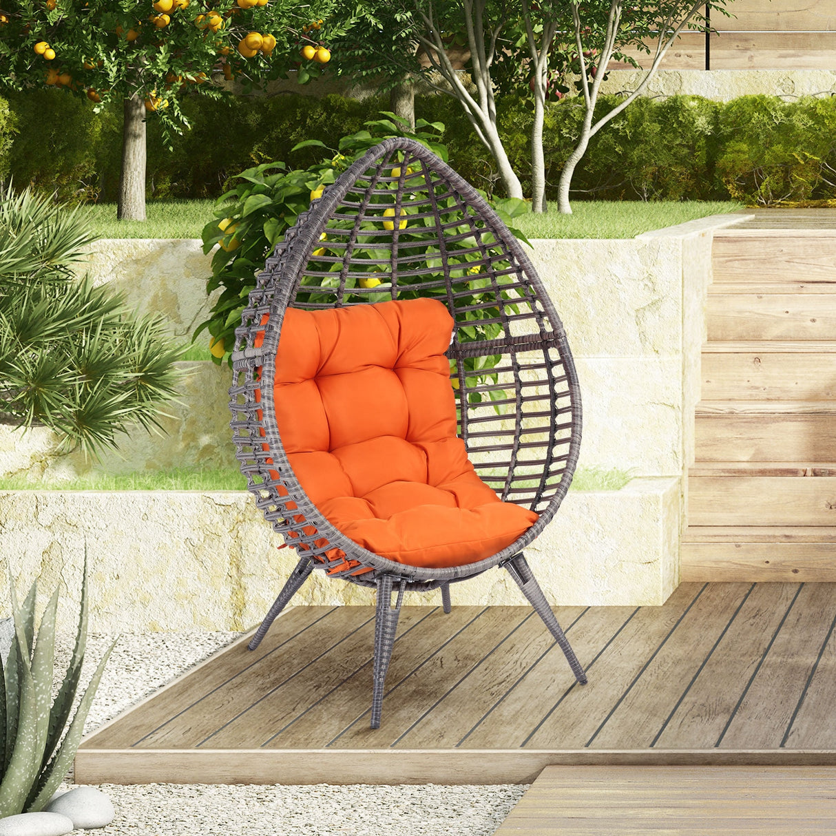 Outsunny Patio Wicker Egg Chair w/ Soft Cushion, Teardrop Cuddle Seat, Outdoor / Indoor Patio Chair