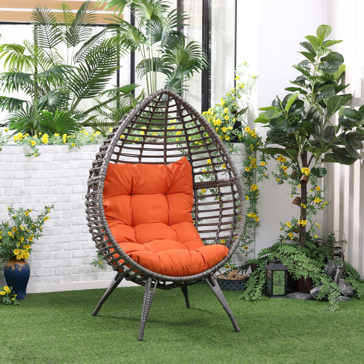 Outsunny Patio Wicker Egg Chair w/ Soft Cushion, Teardrop Cuddle Seat, Outdoor / Indoor Patio Chair