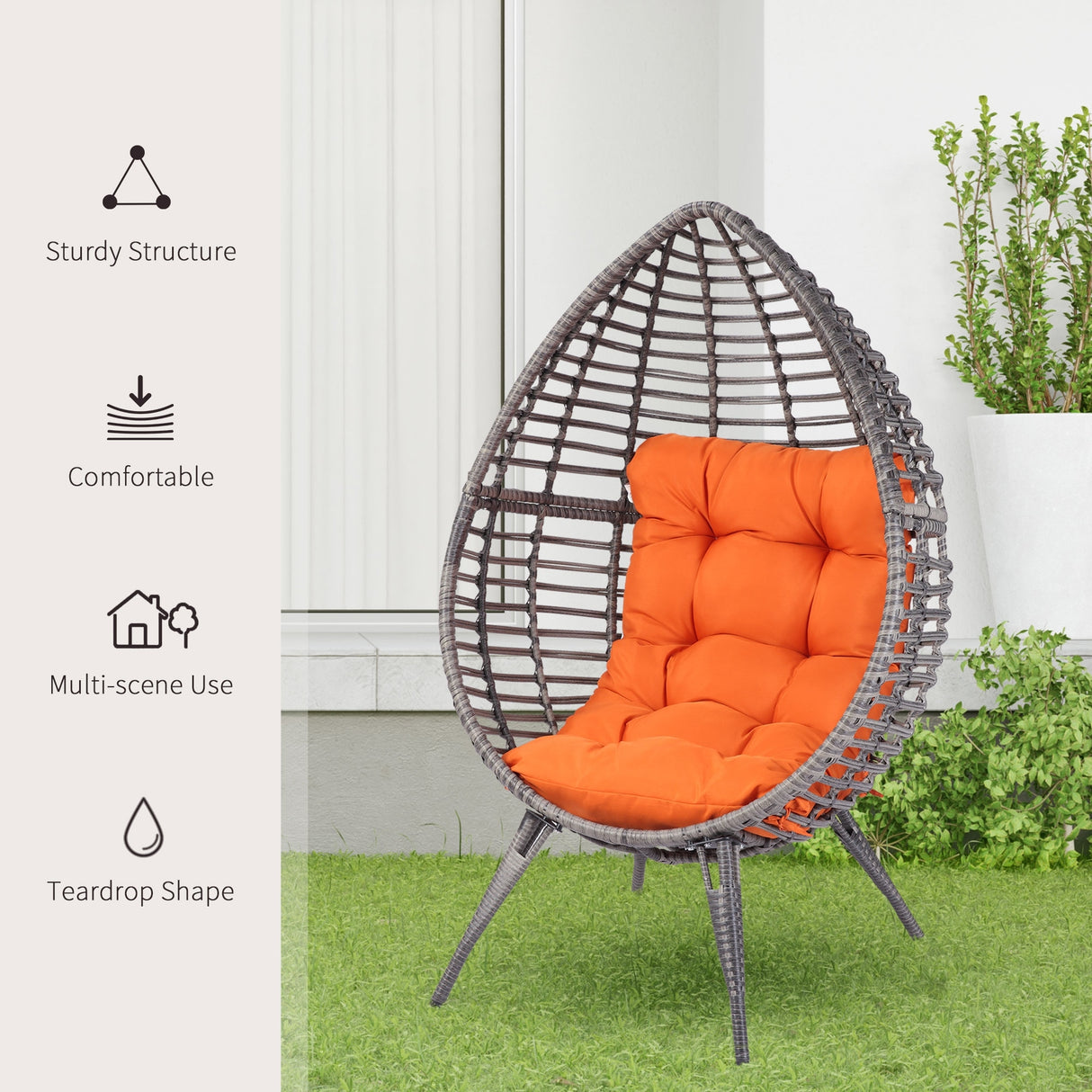 Outsunny Patio Wicker Egg Chair w/ Soft Cushion, Teardrop Cuddle Seat, Outdoor / Indoor Patio Chair