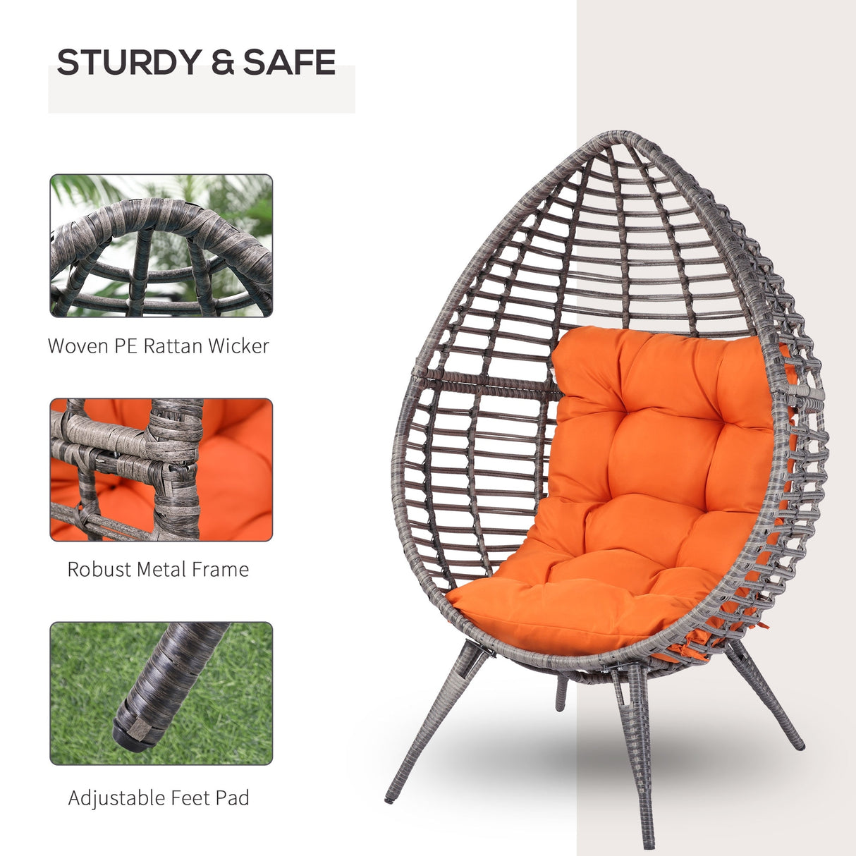 Outsunny Patio Wicker Egg Chair w/ Soft Cushion, Teardrop Cuddle Seat, Outdoor / Indoor Patio Chair