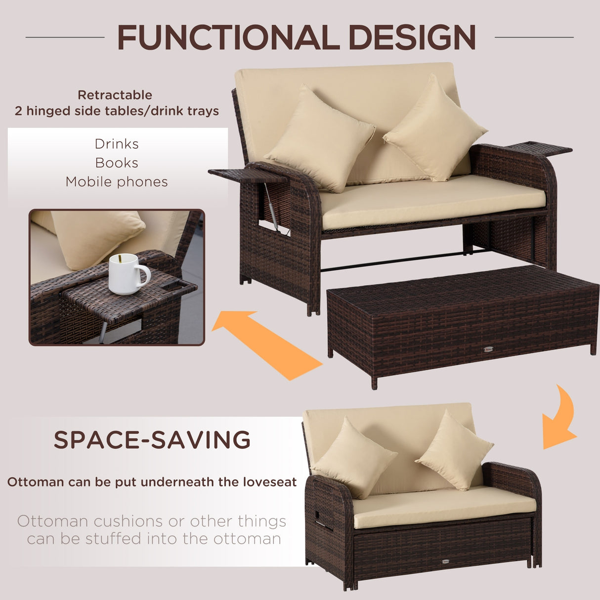 Outsunny Patio Wicker Loveseat Sofa Set, Outdoor PE Rattan Garden Sun Lounger, w/ Storage Ottoman & Side Tables/ Drink Trays