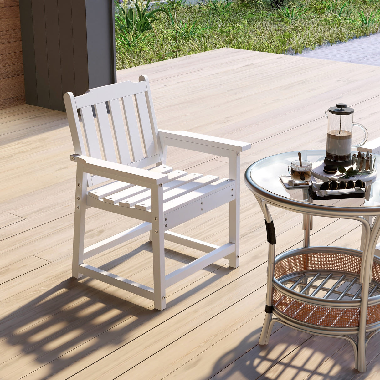 Outsunny Plastic Patio Chairs, Outdoor Dining Chair with Armrests and Slatted Back, Outdoor Armchair for Lawn