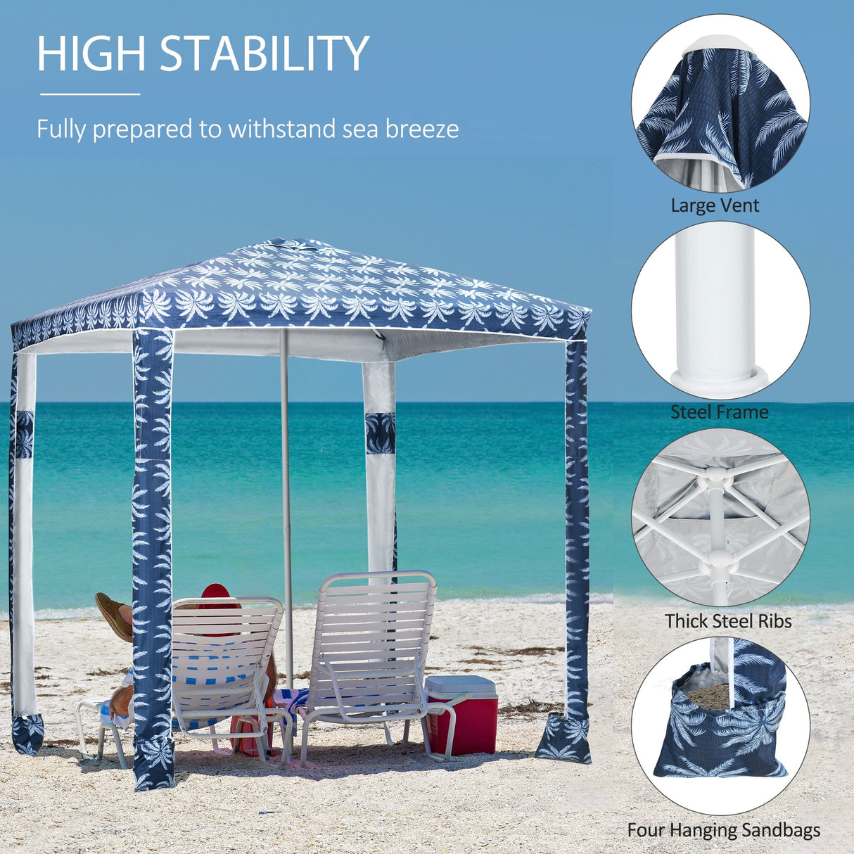 Outsunny Quick Beach Cabana Canopy Umbrella, 8' Easy-Assembly Sun-Shade Shelter with Sandbags and Carry Bag, Cool UV50+