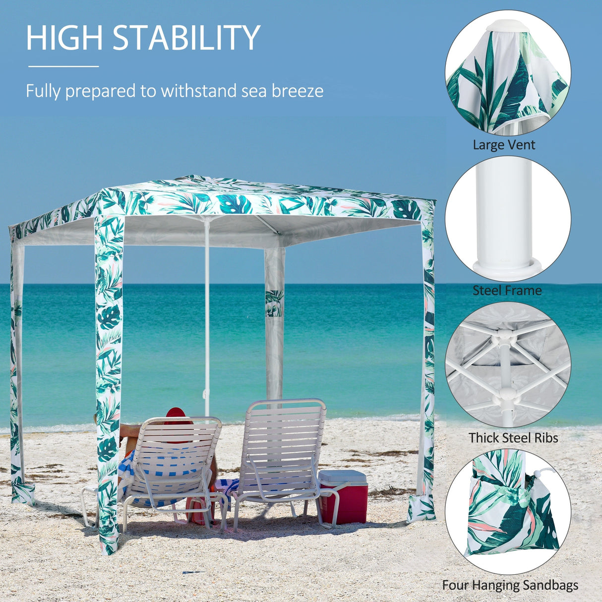 Outsunny Quick Beach Cabana Canopy Umbrella, 8' Easy-Assembly Sun-Shade Shelter with Sandbags and Carry Bag, Cool UV50+