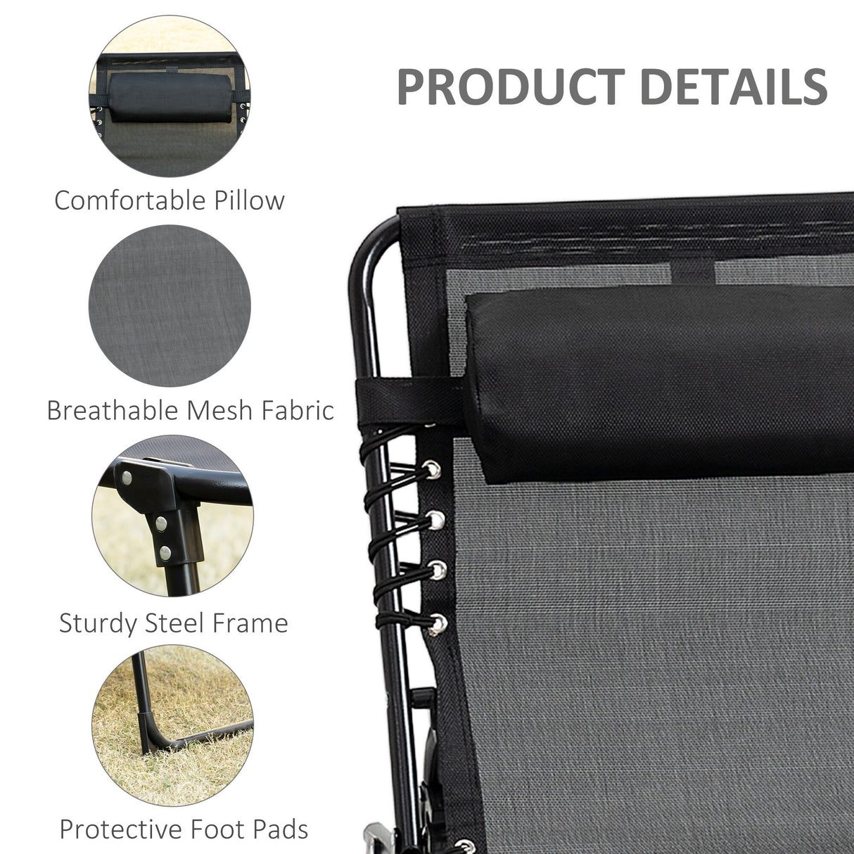 Outsunny Reclining Lounge Chair, Portable Sun Lounger, Folding Camping Cot, with Adjustable Backrest and Removable Pillow