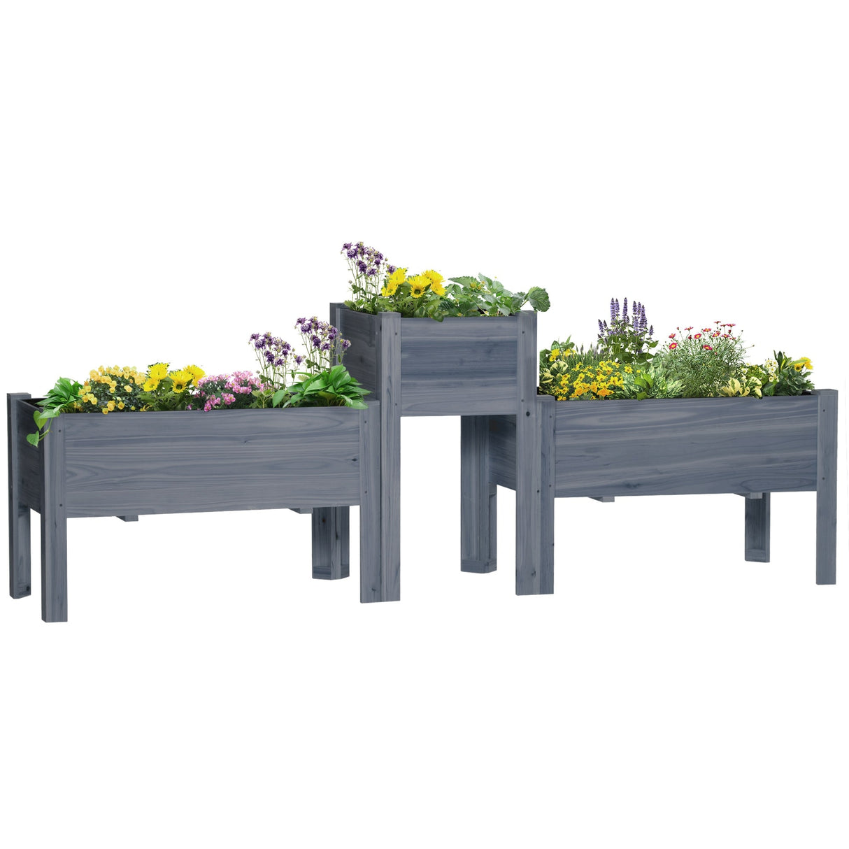 Outsunny Set of 3 Raised Garden Beds, Self-Draining Elevated Wood Planter Boxes with Legs & Liner for Backyard & Patio