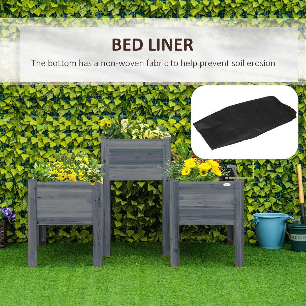 Outsunny Set of 3 Raised Garden Beds, Self-Draining Elevated Wood Planter Boxes with Legs & Liner for Backyard & Patio