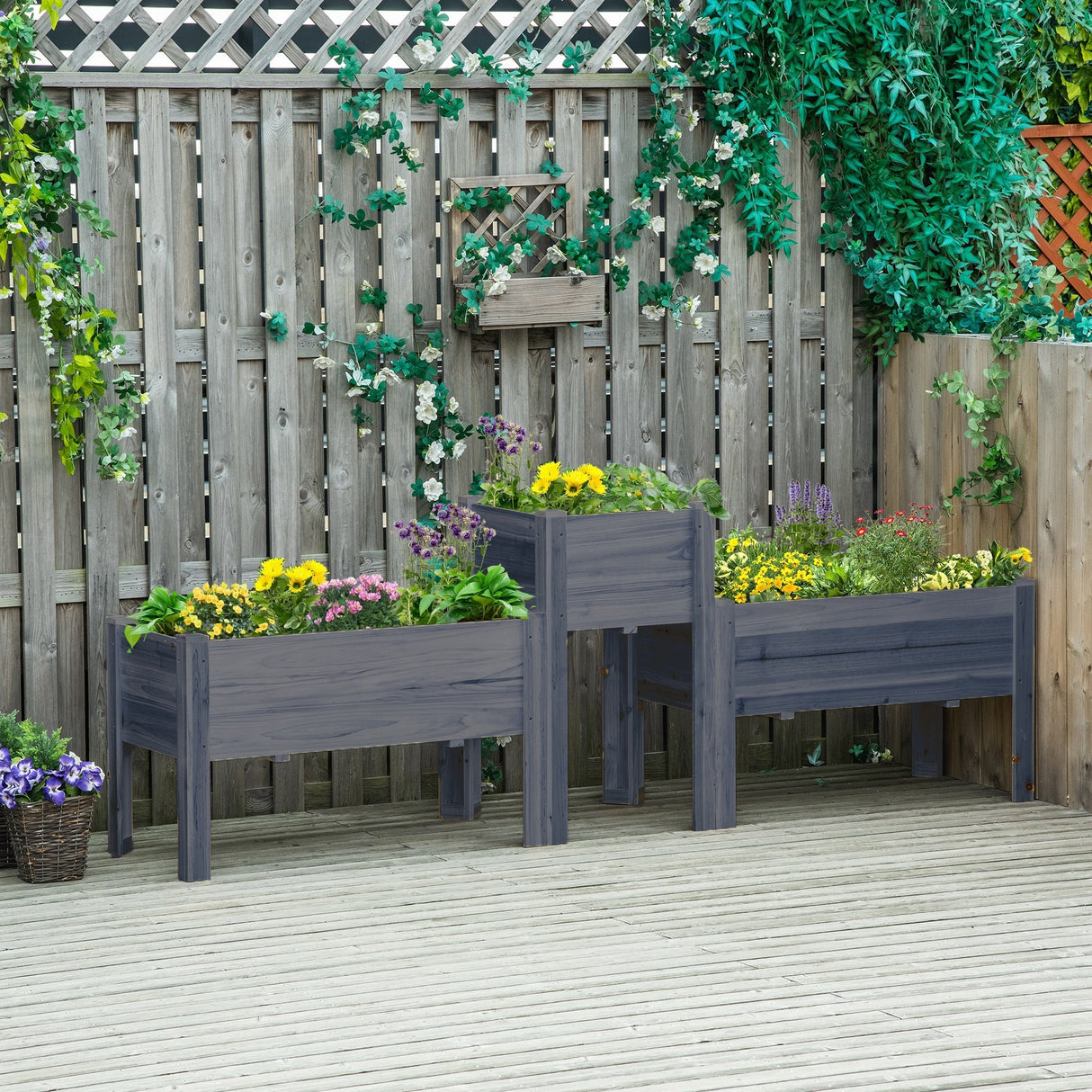 Outsunny Set of 3 Raised Garden Beds, Self-Draining Elevated Wood Planter Boxes with Legs & Liner for Backyard & Patio