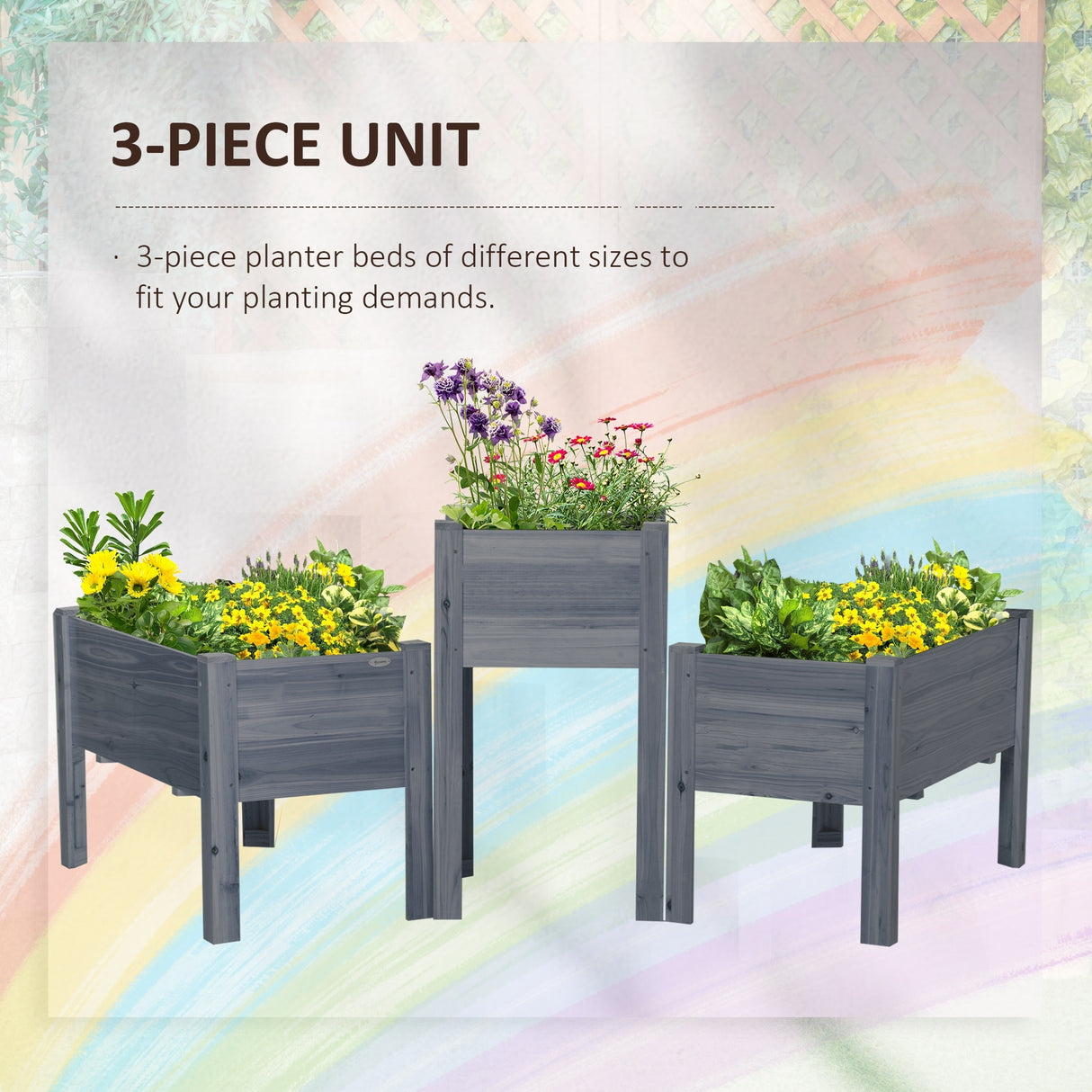 Outsunny Set of 3 Raised Garden Beds, Self-Draining Elevated Wood Planter Boxes with Legs & Liner for Backyard & Patio