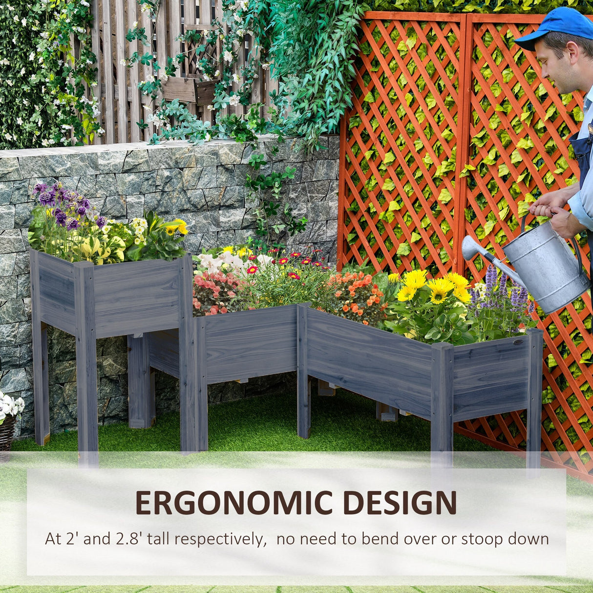 Outsunny Set of 3 Raised Garden Beds, Self-Draining Elevated Wood Planter Boxes with Legs & Liner for Backyard & Patio
