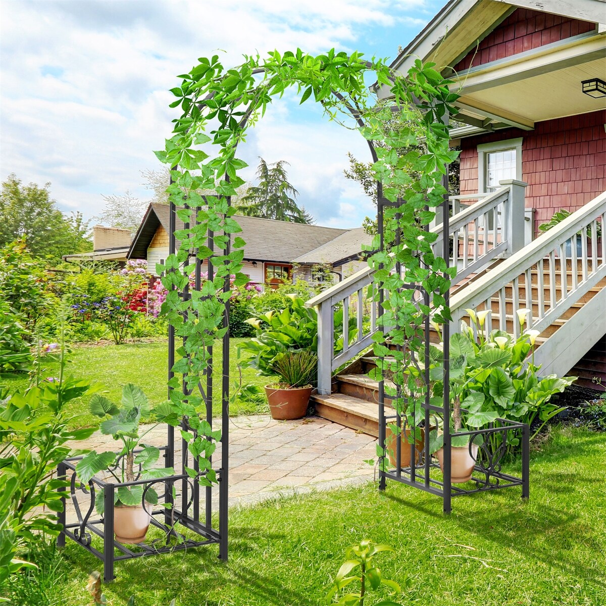 Outsunny Steel Garden Arch Arbor w/Scrollwork Hearts,Planter Boxes