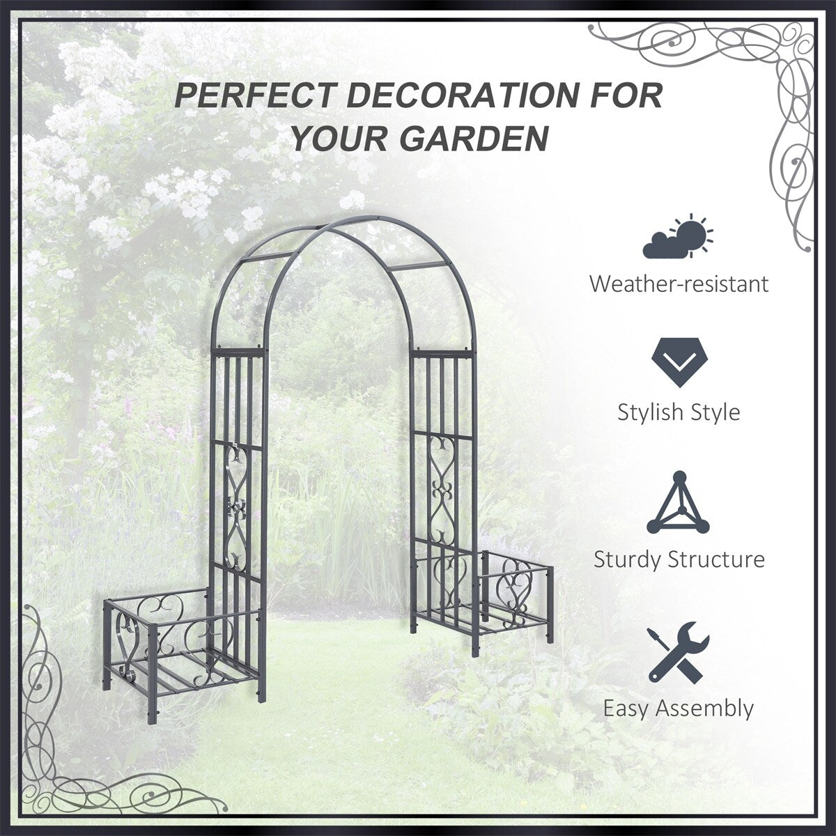 Outsunny Steel Garden Arch Arbor w/Scrollwork Hearts,Planter Boxes