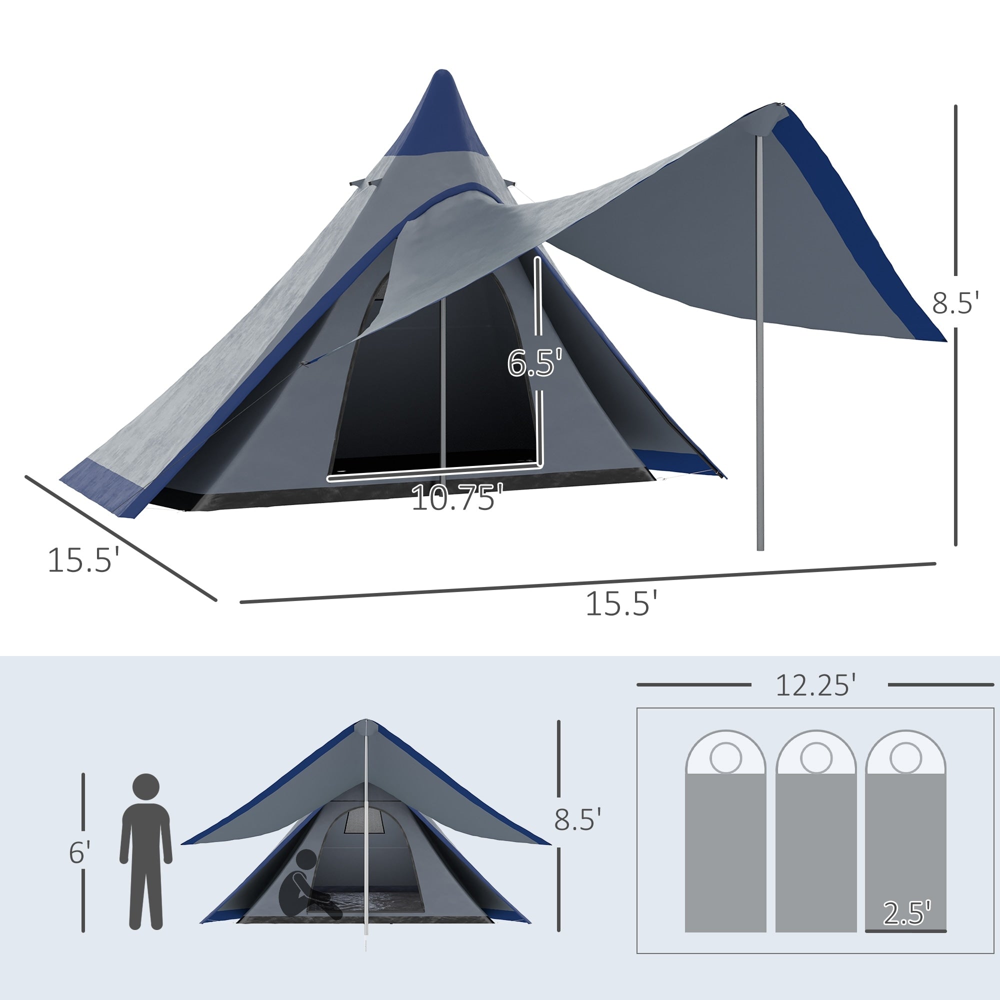 Outsunny Teepee Tent Easy Set Up Camping Tent with Porch Area Floor Overstock