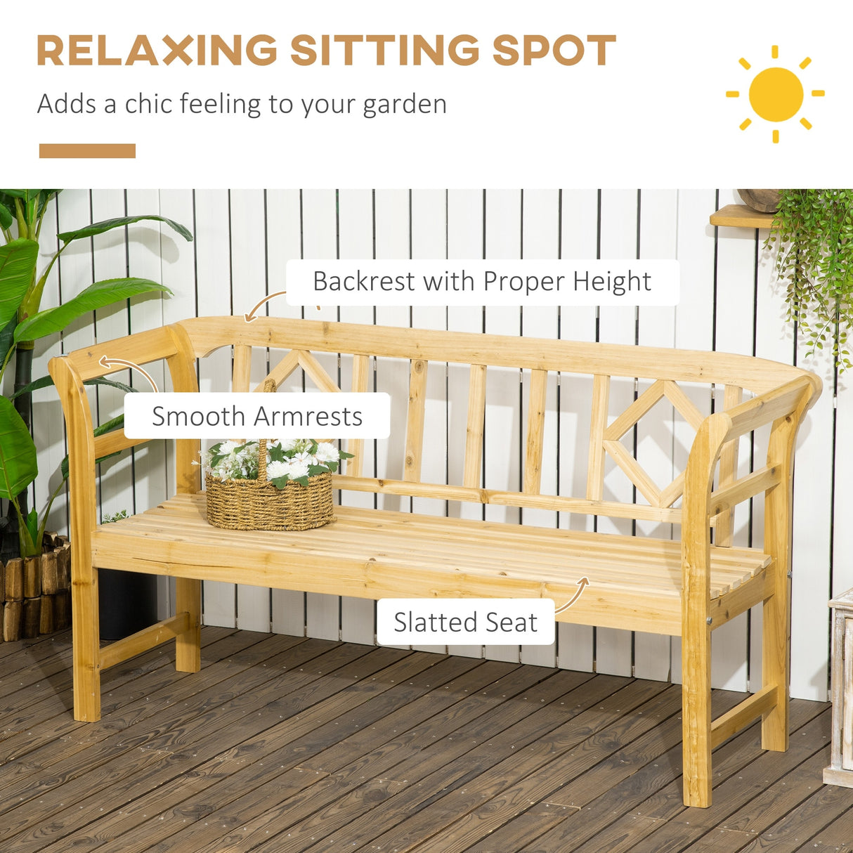 Outsunny Three-Person Wooden Bench, Three-Seater Outdoor Patio Bench, Backrest and Armrests, Rustic Country Diamond Pattern