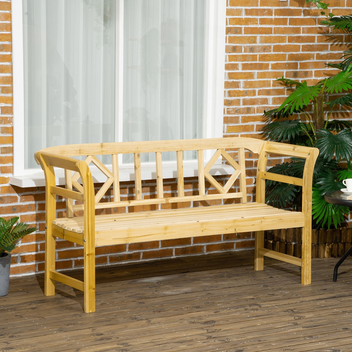 Outsunny Three-Person Wooden Bench, Three-Seater Outdoor Patio Bench, Backrest and Armrests, Rustic Country Diamond Pattern