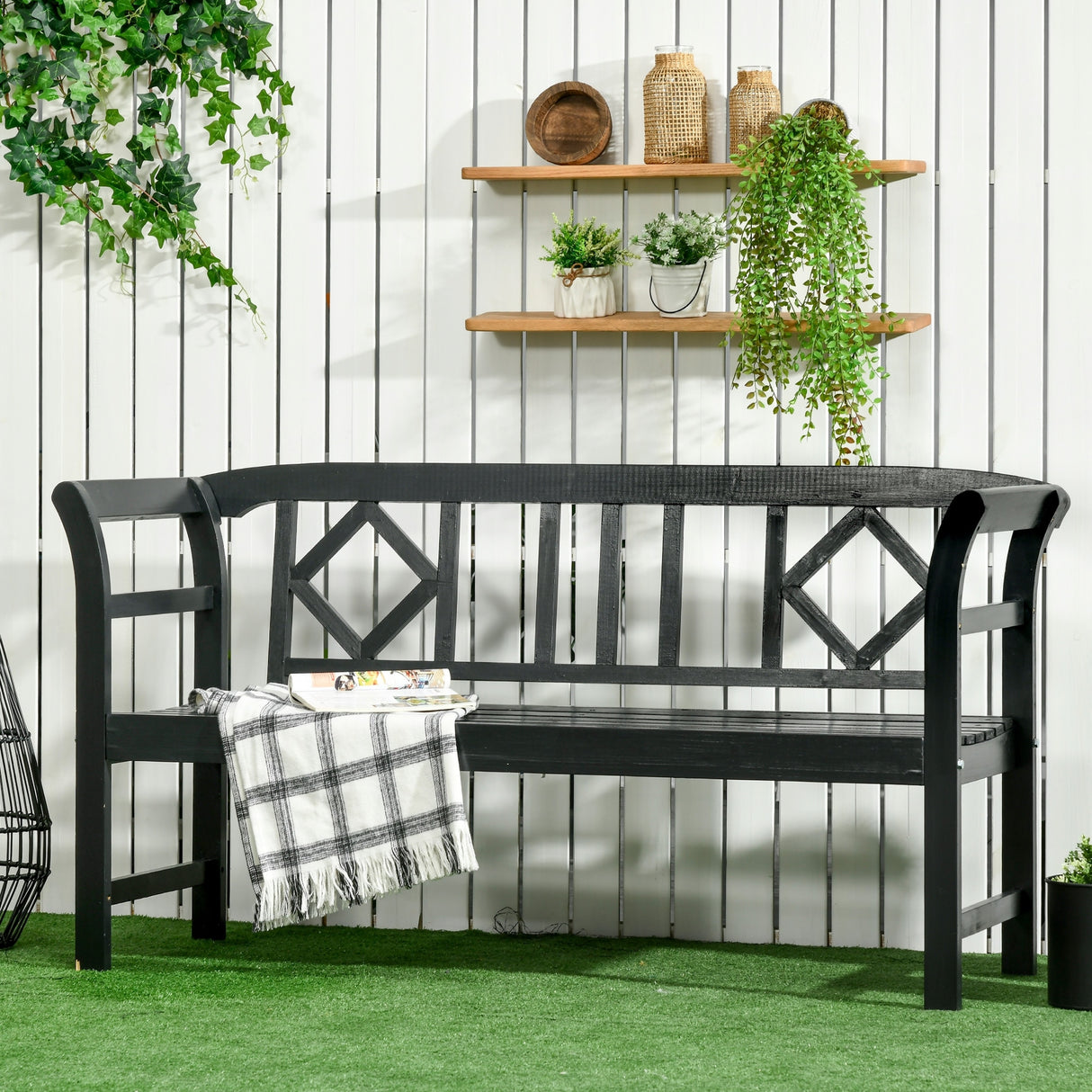 Outsunny Three-Person Wooden Bench, Three-Seater Outdoor Patio Bench, Backrest and Armrests, Rustic Country Diamond Pattern