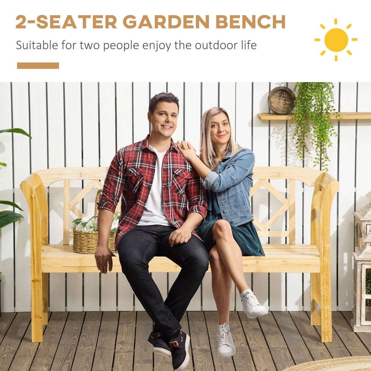Outsunny Three-Person Wooden Bench, Three-Seater Outdoor Patio Bench, Backrest and Armrests, Rustic Country Diamond Pattern