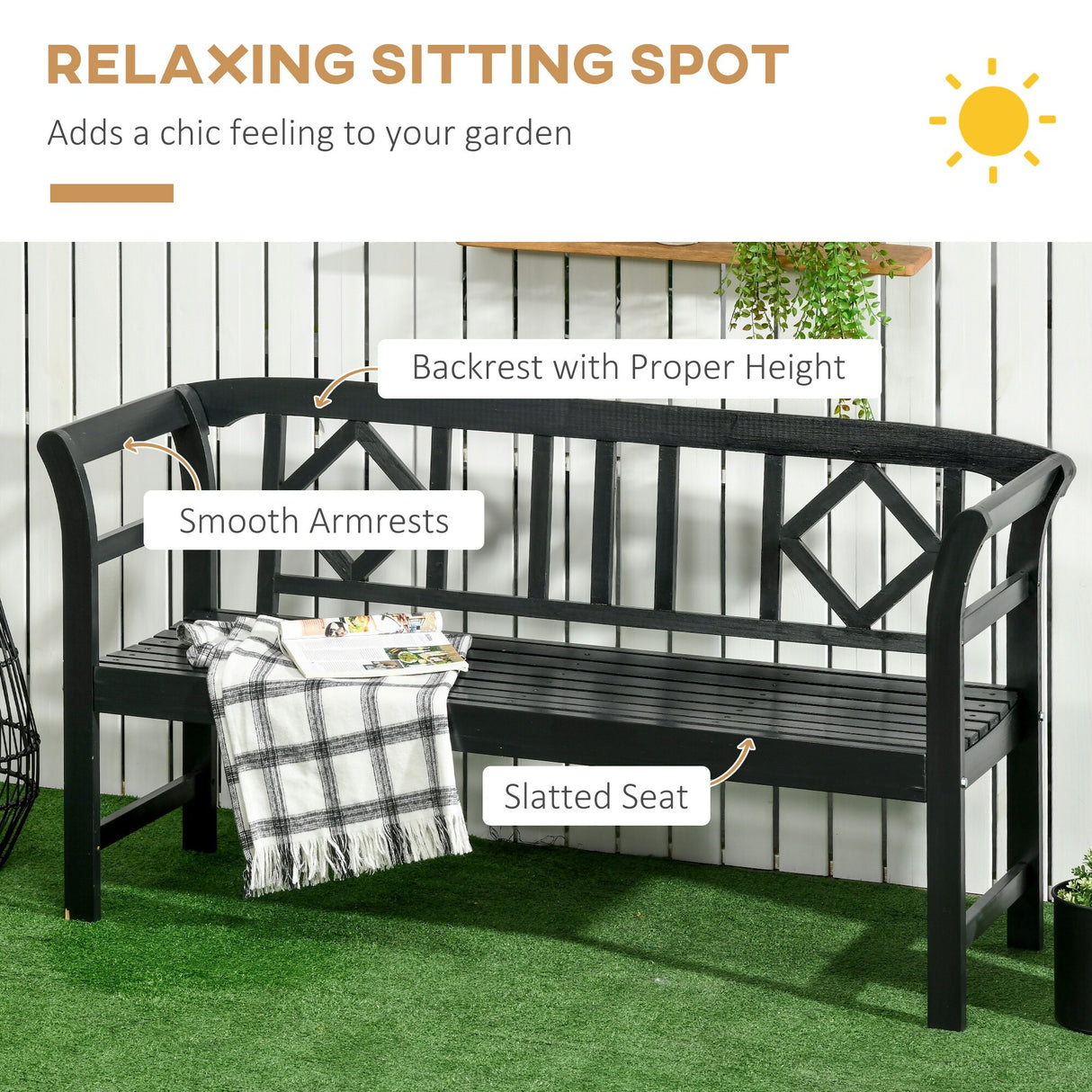 Outsunny Three-Person Wooden Bench, Three-Seater Outdoor Patio Bench, Backrest and Armrests, Rustic Country Diamond Pattern