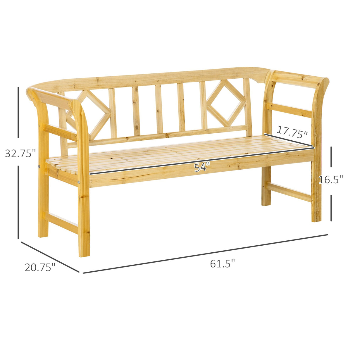 Outsunny Three-Person Wooden Bench, Three-Seater Outdoor Patio Bench, Backrest and Armrests, Rustic Country Diamond Pattern