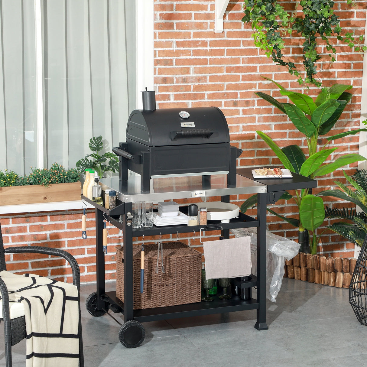 Outsunny Three-Shelf Outdoor Grill Cart with Foldable Side Table, 46" x 21.75" Multifunctional Stainless Steel Pizza Oven Stand