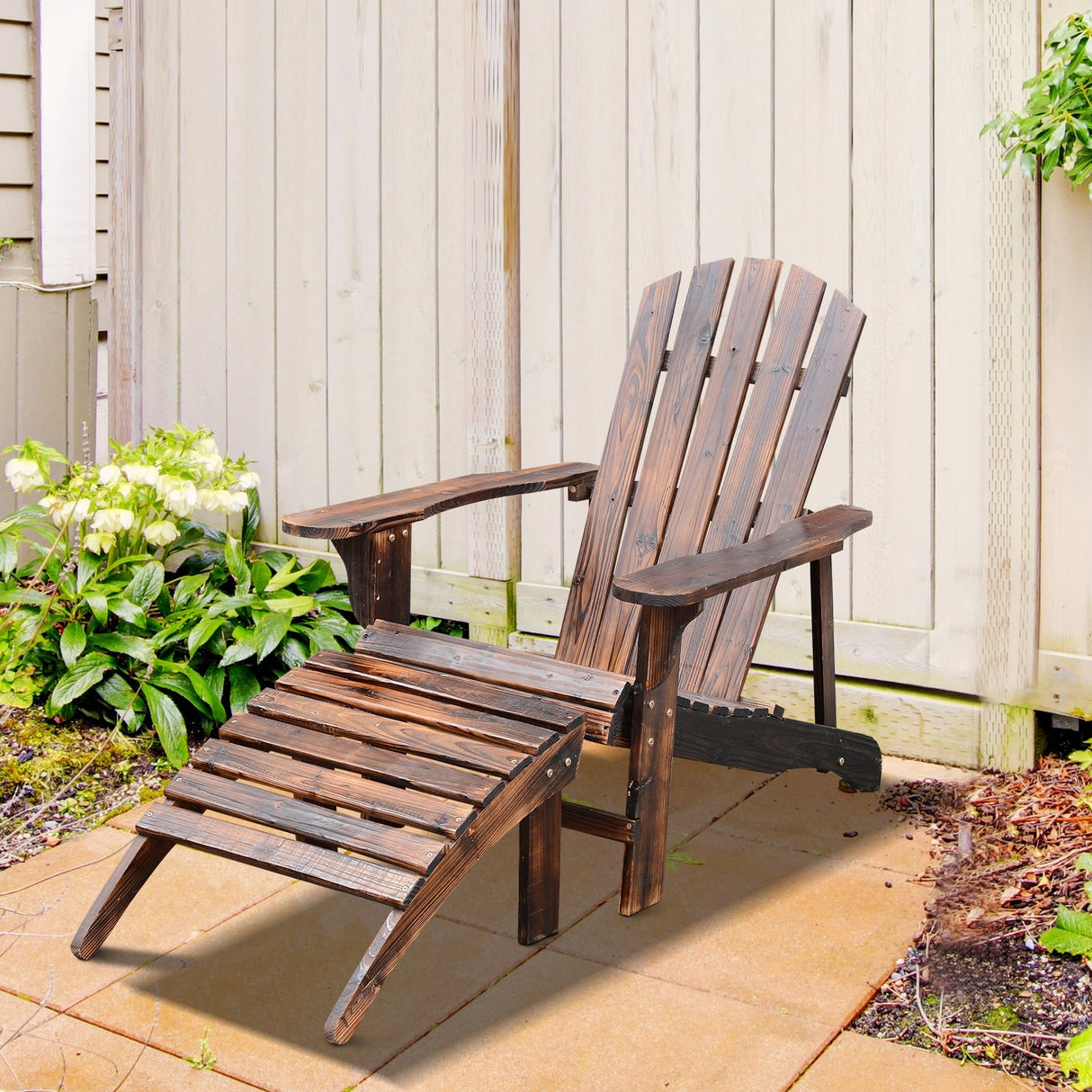 Outsunny Wooden Adirondack Outdoor Patio Lounge Chair with Ottoman - Rustic Brown - 30" L x 56" W x 36" H