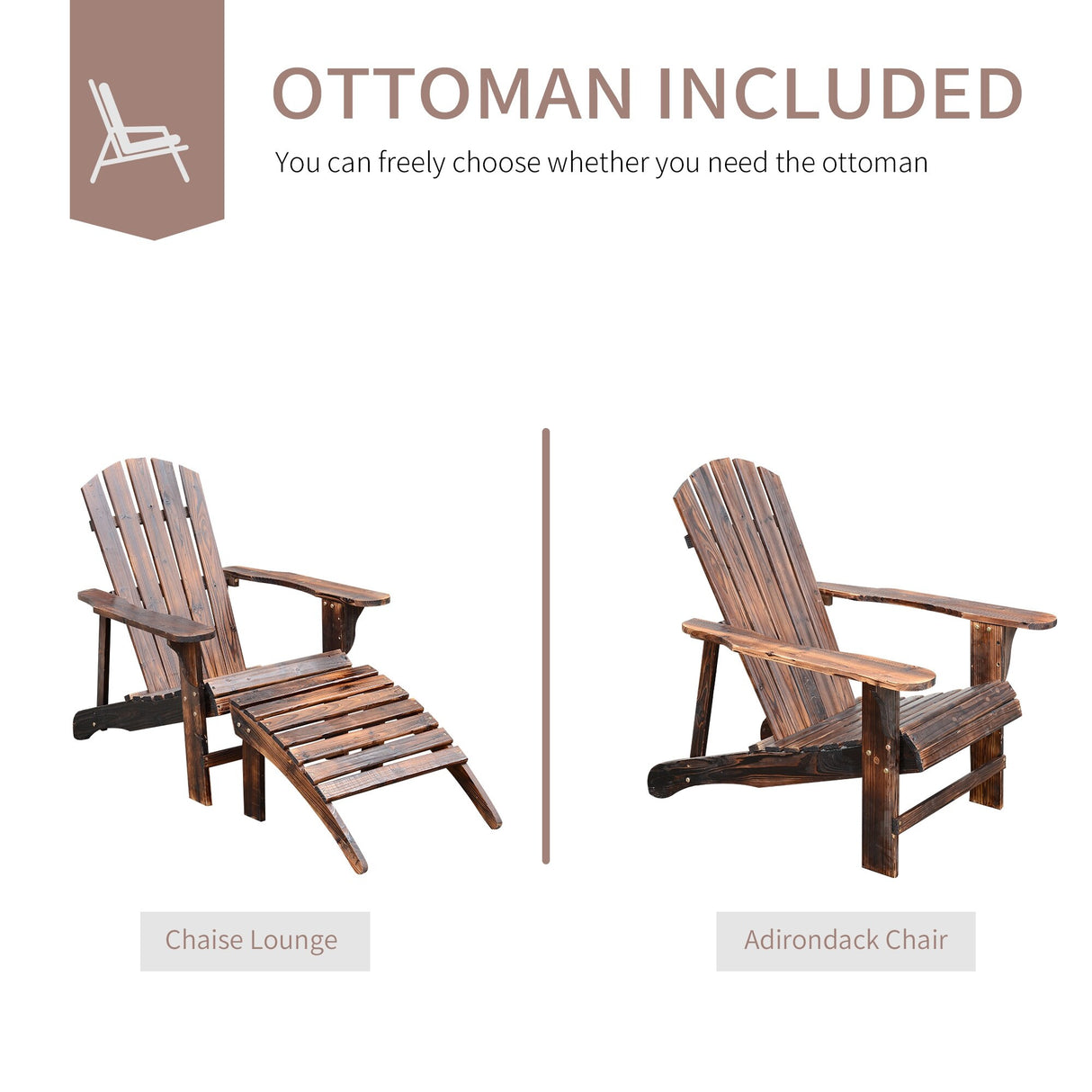 Outsunny Wooden Adirondack Outdoor Patio Lounge Chair with Ottoman - Rustic Brown - 30" L x 56" W x 36" H