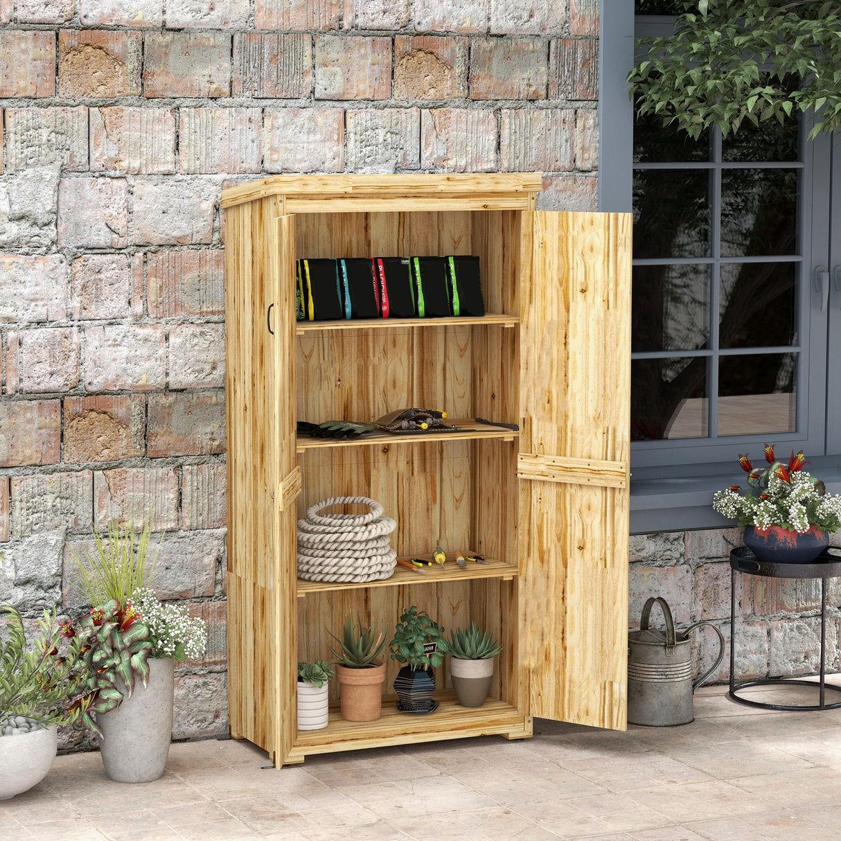 Outsunny Wooden Garden Shed, Outdoor Storage Cabinet with Waterproof Galvanized Metal Roof, Narrow Tool Shed