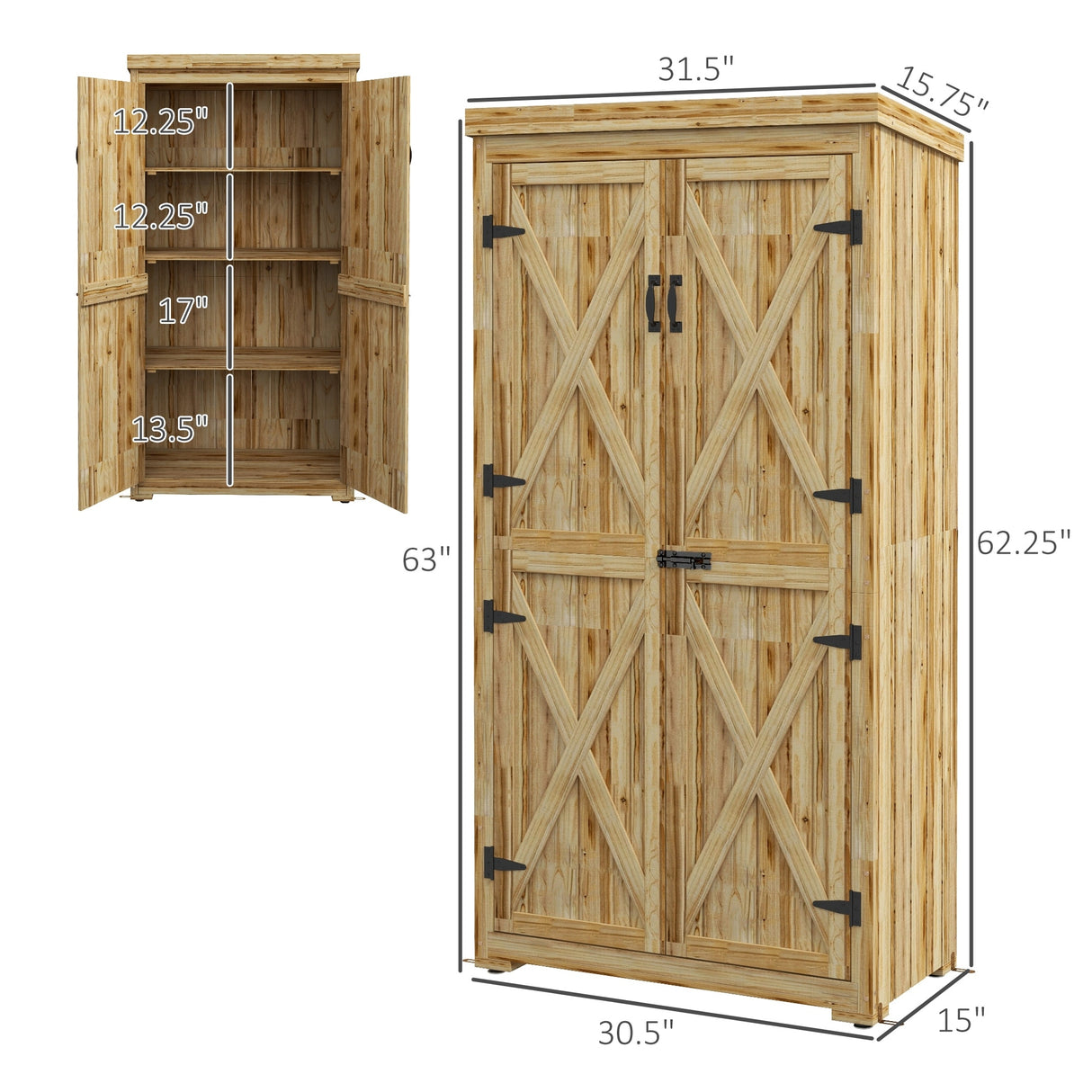 Outsunny Wooden Garden Shed, Outdoor Storage Cabinet with Waterproof Galvanized Metal Roof, Narrow Tool Shed