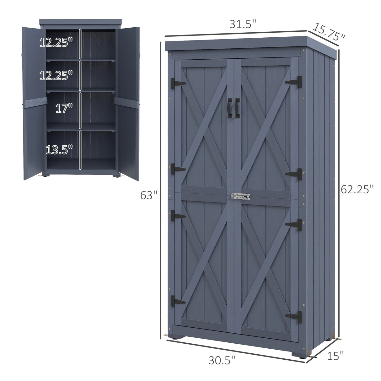 Outsunny Wooden Garden Shed, Outdoor Storage Cabinet with Waterproof Galvanized Metal Roof, Narrow Tool Shed