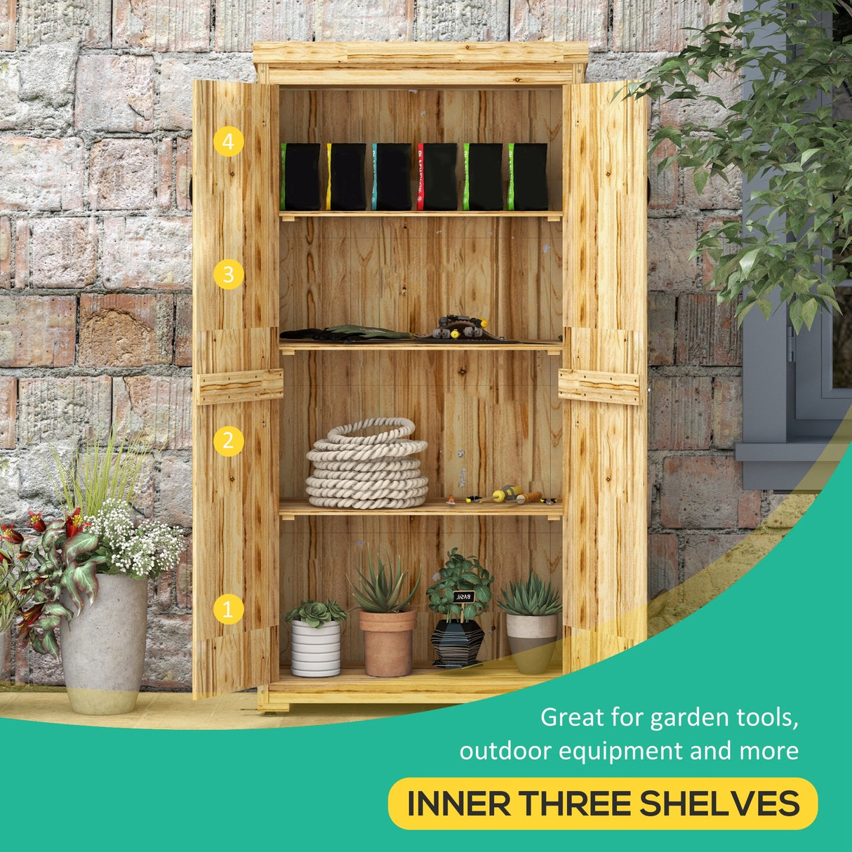 Outsunny Wooden Garden Shed, Outdoor Storage Cabinet with Waterproof Galvanized Metal Roof, Narrow Tool Shed