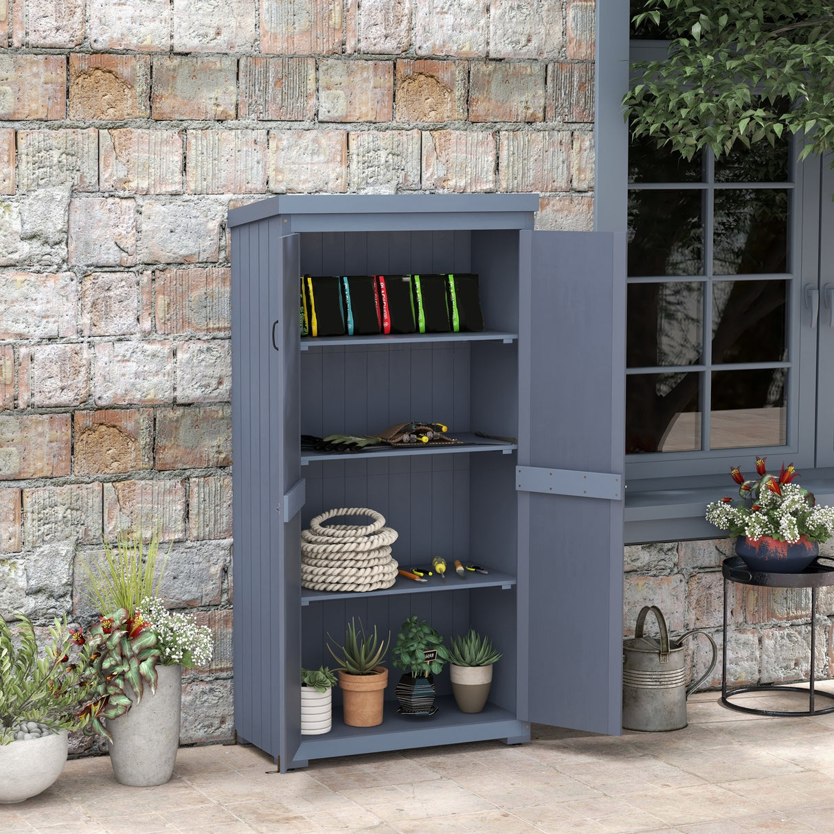 Outsunny Wooden Garden Shed, Outdoor Storage Cabinet with Waterproof Galvanized Metal Roof, Narrow Tool Shed