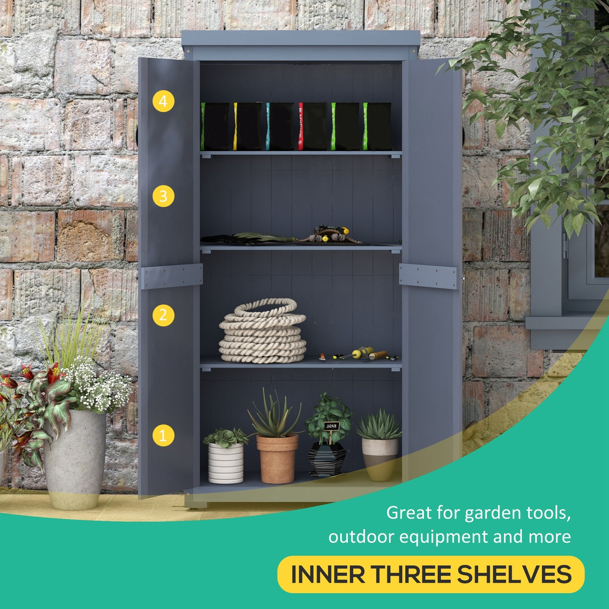 Outsunny Wooden Garden Shed, Outdoor Storage Cabinet with Waterproof Galvanized Metal Roof, Narrow Tool Shed