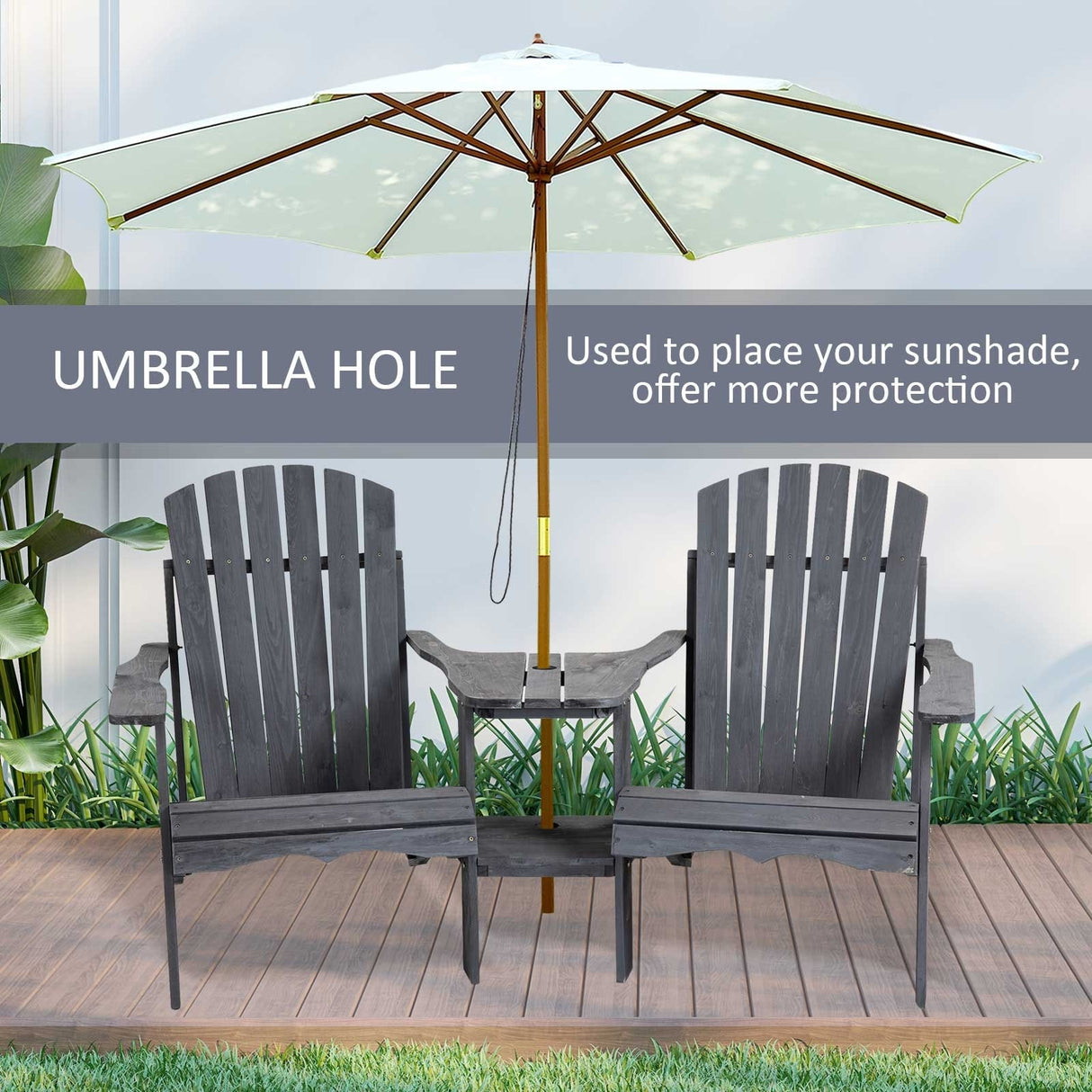 Outsunny Wooden Outdoor Double Adirondack Chairs with Center Table and Umbrella Hole, Perfect for Lounging and Relaxing