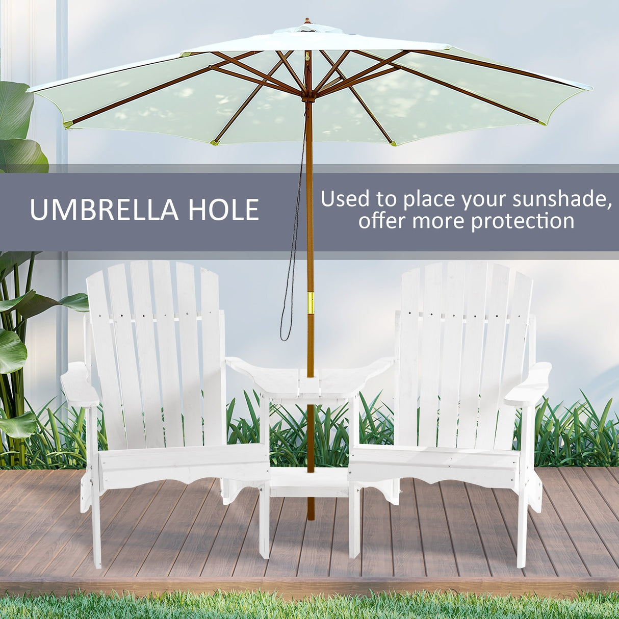 Outsunny Wooden Outdoor Double Adirondack Chairs with Center Table and Umbrella Hole, Perfect for Lounging and Relaxing