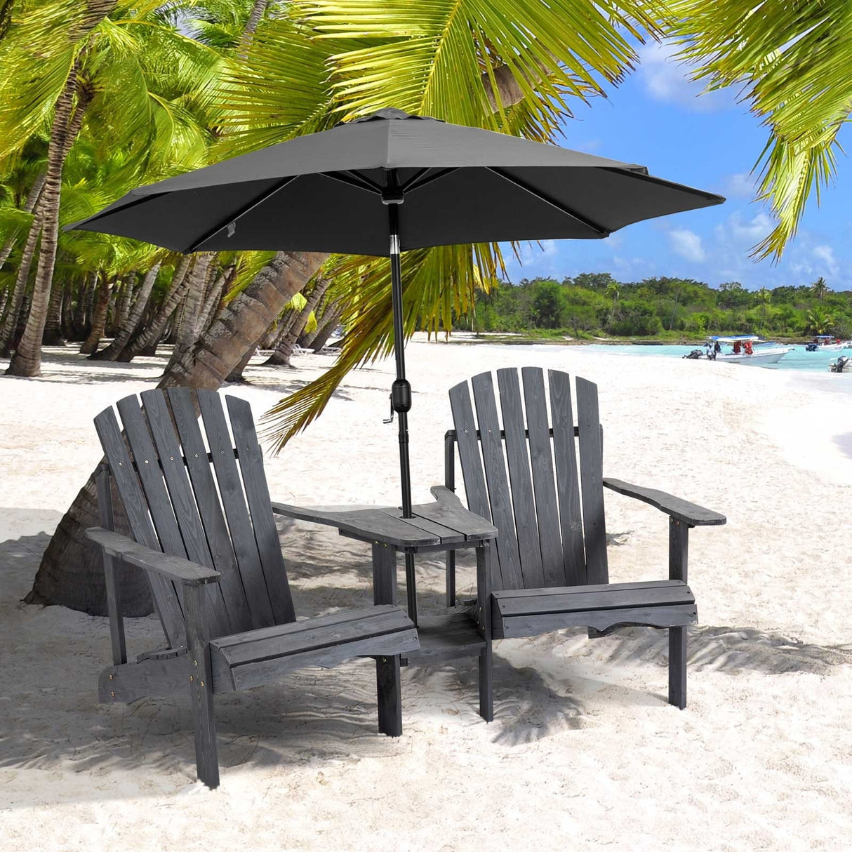 Outsunny Wooden Outdoor Double Adirondack Chairs with Center Table and Umbrella Hole, Perfect for Lounging and Relaxing