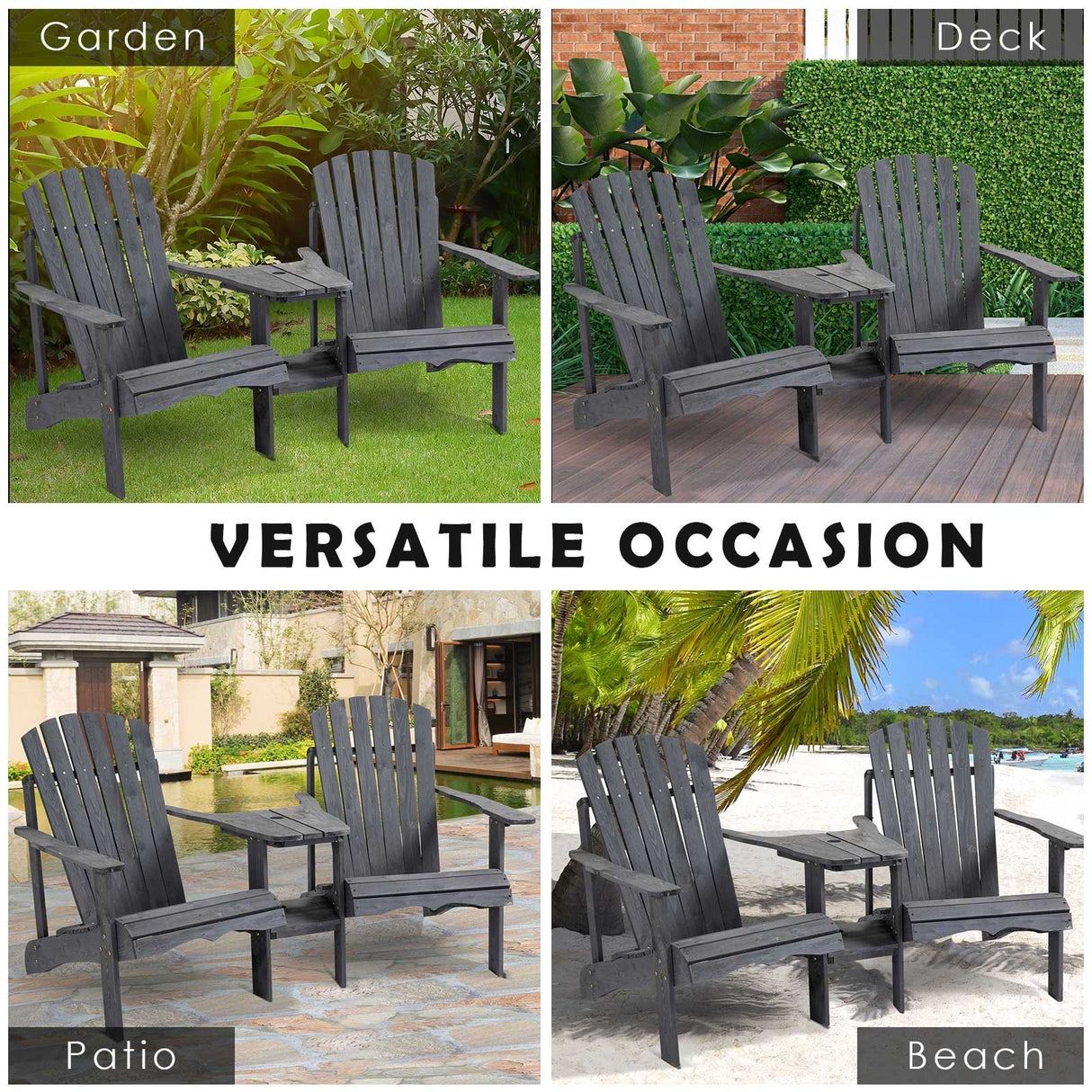 Outsunny Wooden Outdoor Double Adirondack Chairs with Center Table and Umbrella Hole, Perfect for Lounging and Relaxing