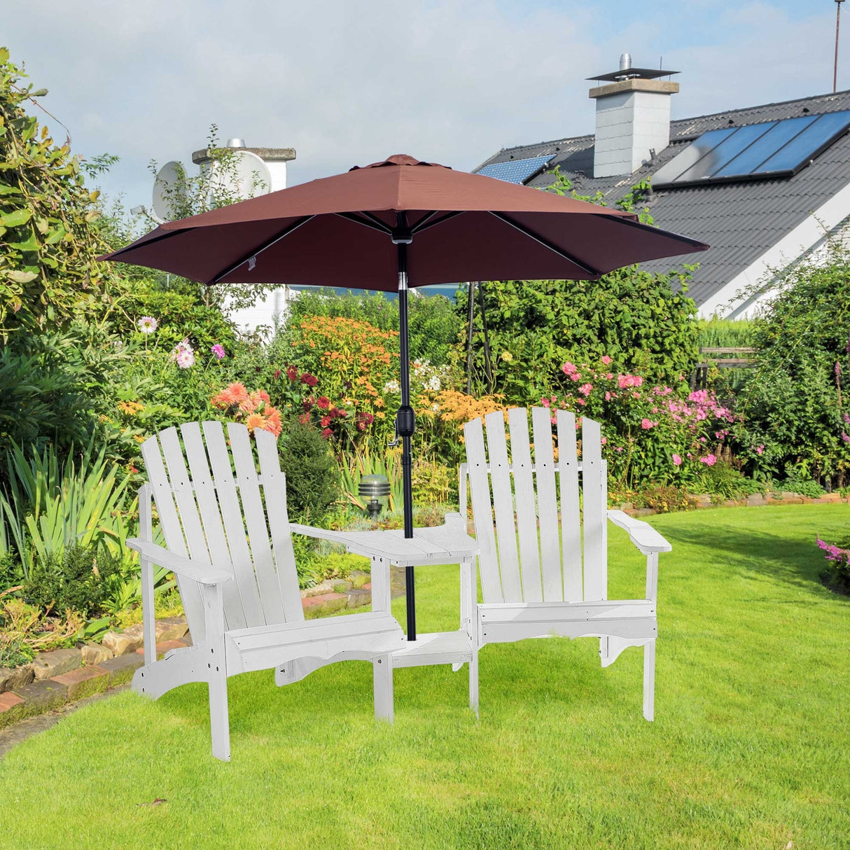 Outsunny Wooden Outdoor Double Adirondack Chairs with Center Table and Umbrella Hole, Perfect for Lounging and Relaxing