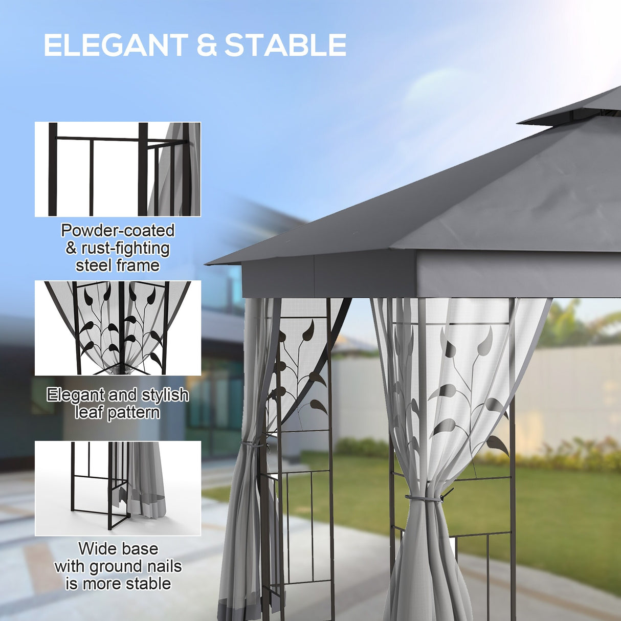Outsunny 10' x 11.5' Metal Patio Gazebo, Double Roof Outdoor Gazebo Canopy Shelter with Tree Motifs Corner Frame and Netting