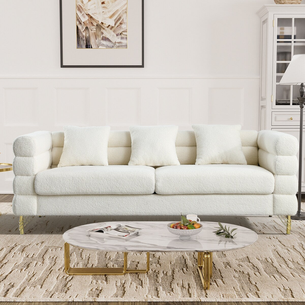 Ouyessir Teddy Fabric Modern Sectional Sofa Sets L-Shape/2/3/4 Seater Sofa Couch with Pillows