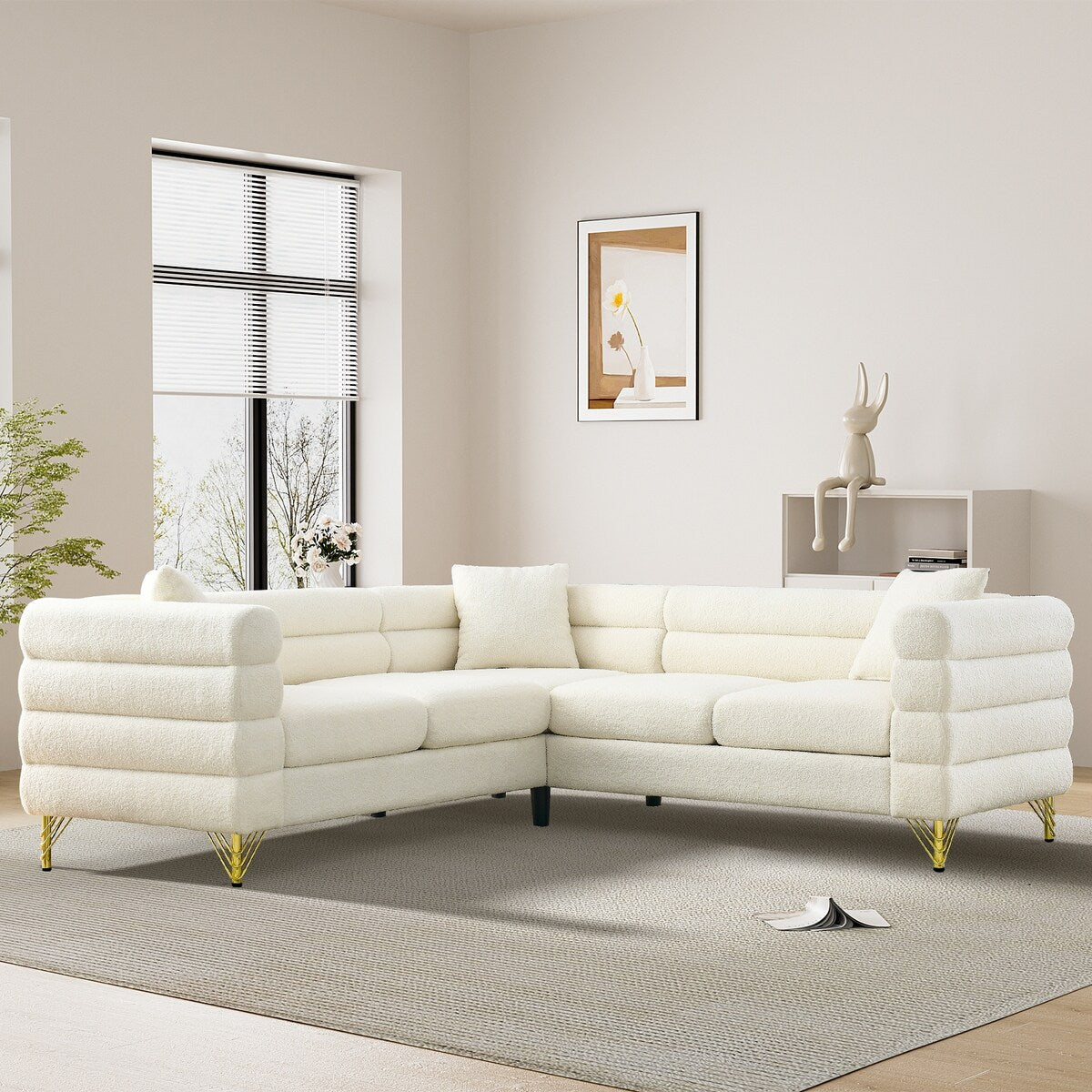 Ouyessir Teddy Fabric Modern Sectional Sofa Sets L-Shape/2/3/4 Seater Sofa Couch with Pillows